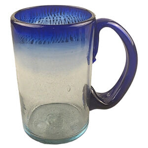 Mexican Glass Handblown Clear w/ Cobalt Blue Rim & Handled Mug/Beer Mug 16 oz